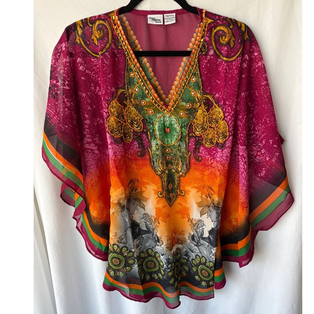 Indian Tropical Fashion Kaftan Top Multi Color Beaded Boho Festival Free Size